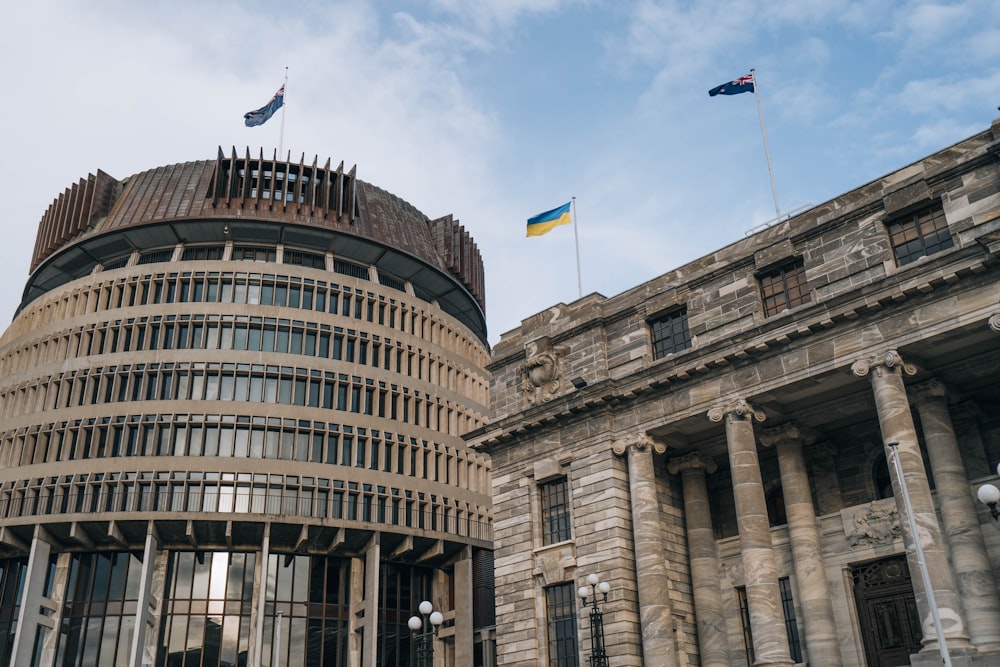 a building with flags on top