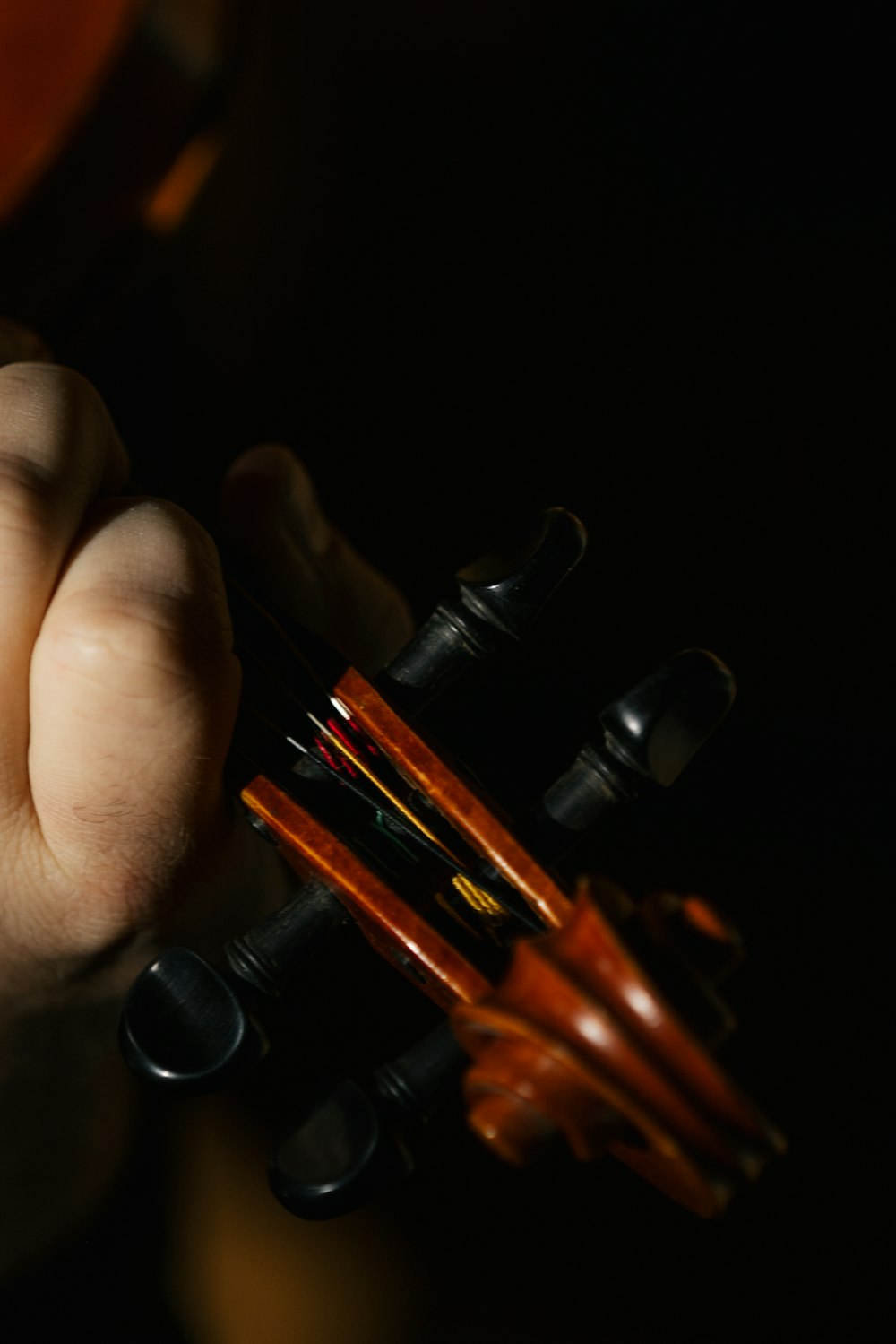 a hand holding a small black and orange object