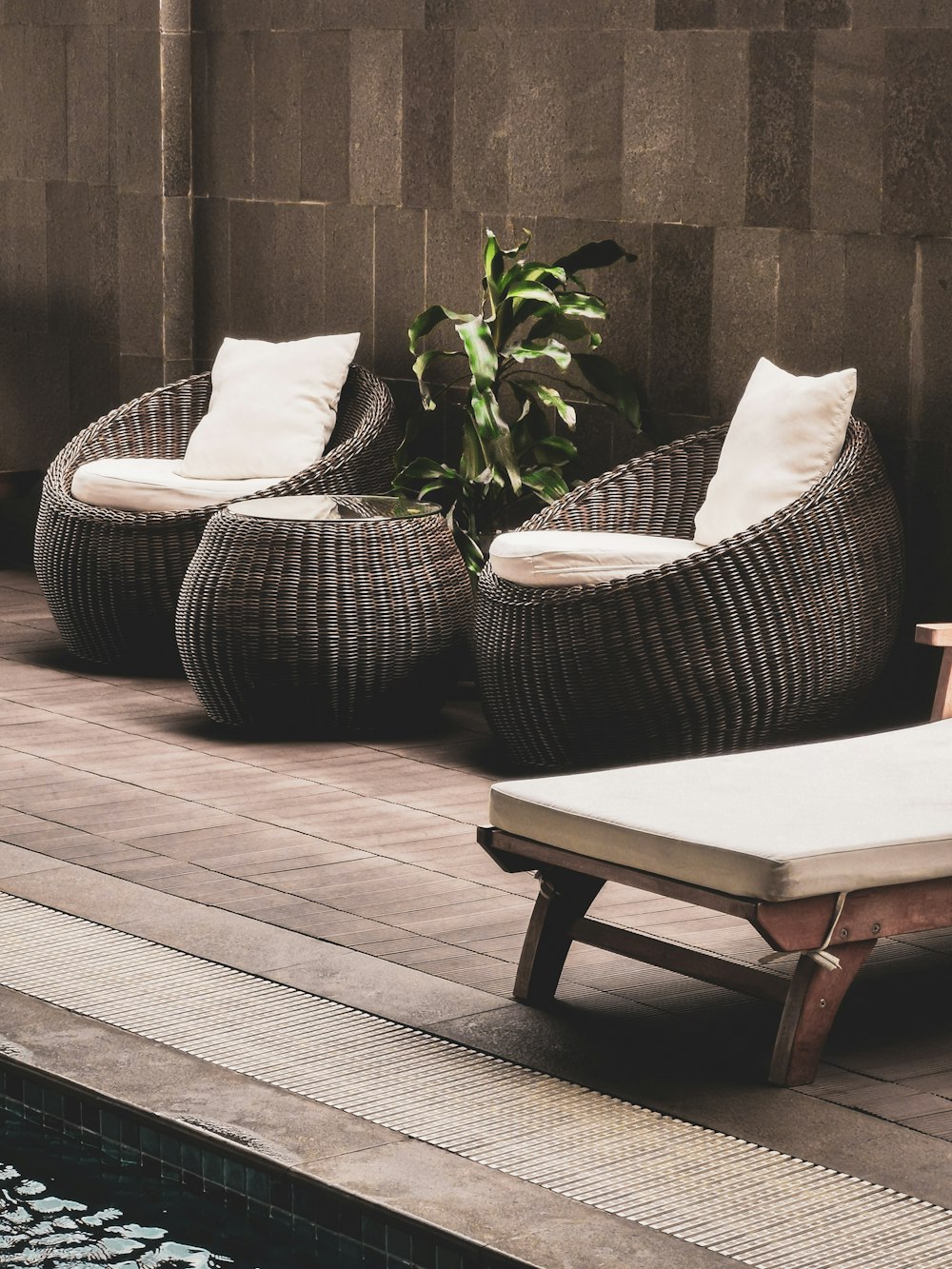 a couple of chairs and a plant on a deck