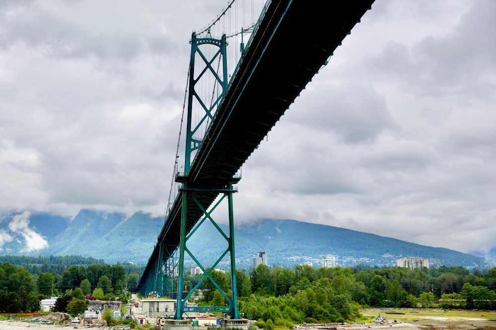 a bridge with trees and buildings below