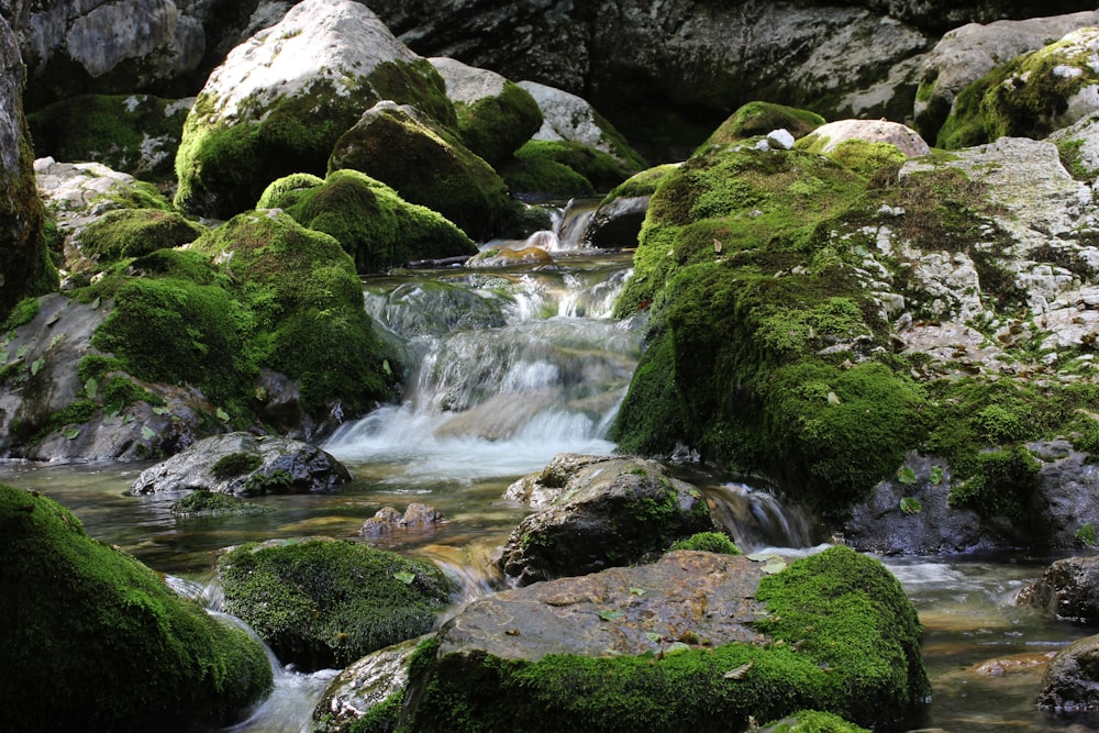 a small waterfall in a rocky place