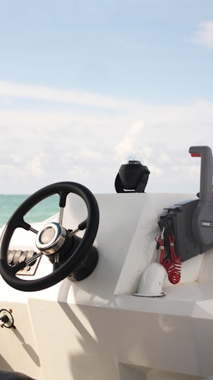 a steering wheel and a steering wheel on a boat