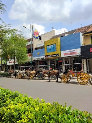 A street scene with several horse-drawn carriages lined up along a sidewalk in front of various shops. The carriages feature colorful decorations and yellow wheels. The shops have signs with names like Burger King and Toko Sepatu Modern, and trees and bushes are visible along the street. The sky is cloudy but the atmosphere looks bright.