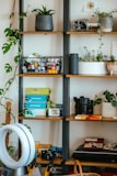 A collection of household gadgets and electronics neatly arranged on shelves.