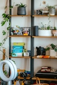 An organized shelf with books, cameras, and creative equipment.
