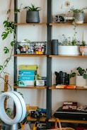 A collection of household gadgets and electronics neatly arranged on shelves.