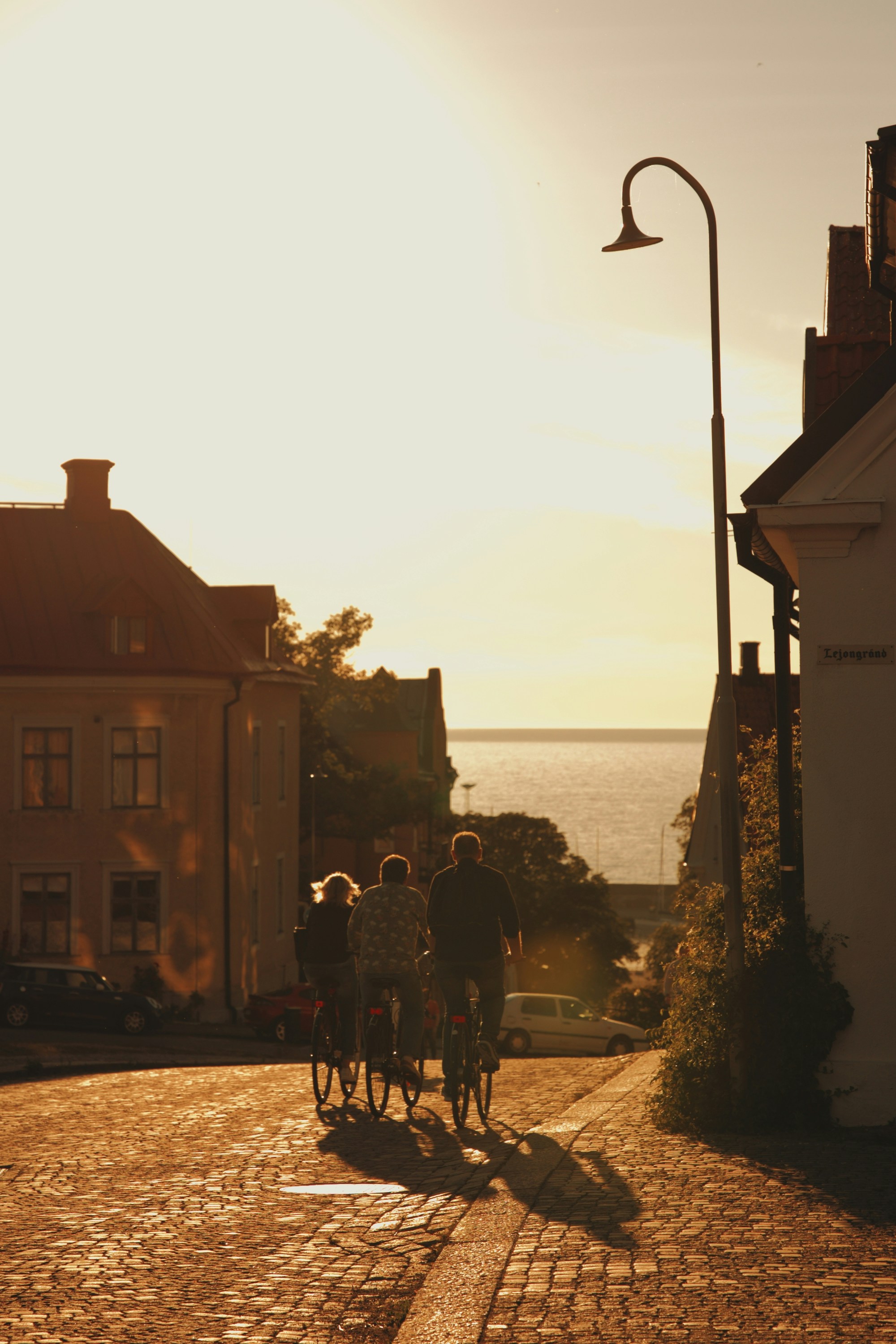a group of people riding bikes on a sidewalk by the water