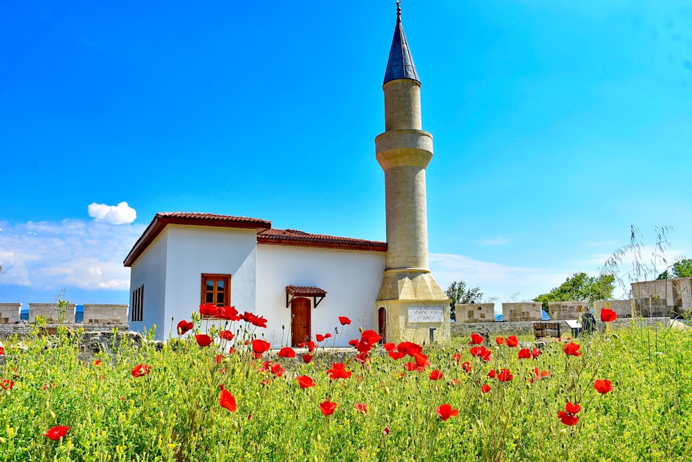 a white building with a tower