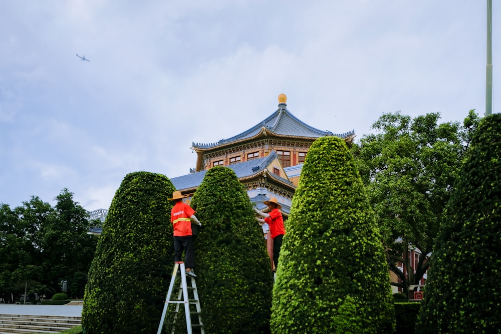 a person on a ladder painting a building