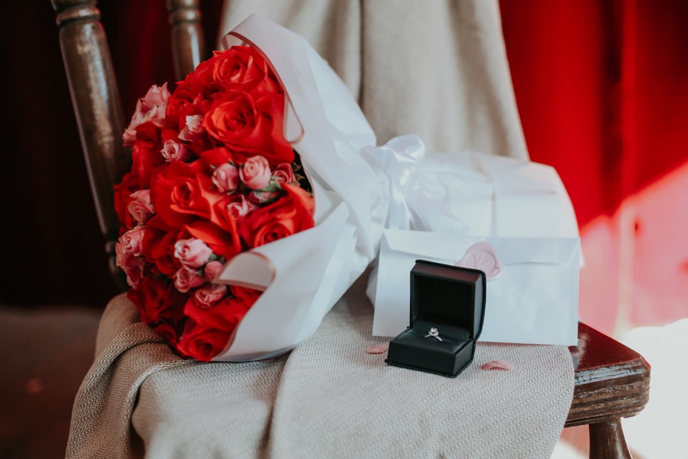 a bouquet of flowers on a chair