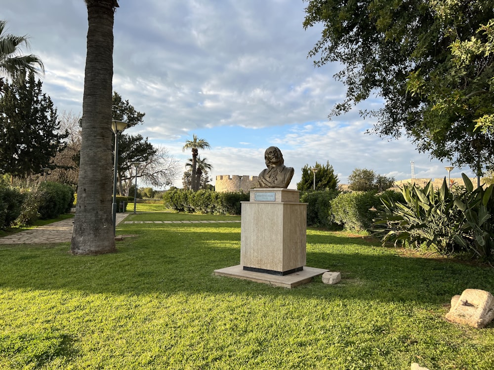 a statue in a grassy area