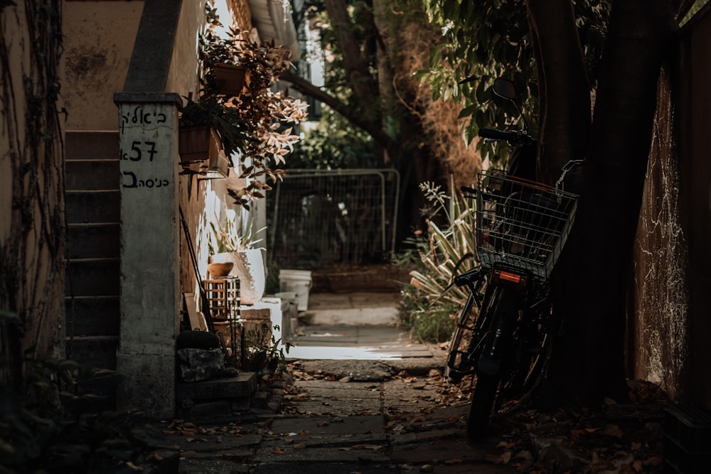 a bicycle parked in a doorway