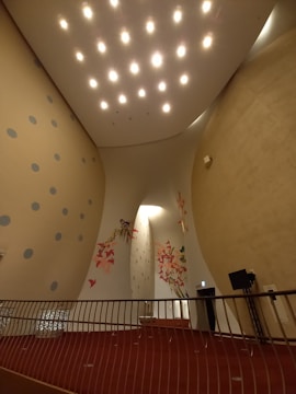 A modern, spacious interior with curved walls featuring circular patterns and artistic floral designs in warm colors. The ceiling is uniquely shaped and adorned with multiple evenly spaced lights, creating a starry effect. The floor is carpeted in a rich red shade, and there is a handrail in the foreground.