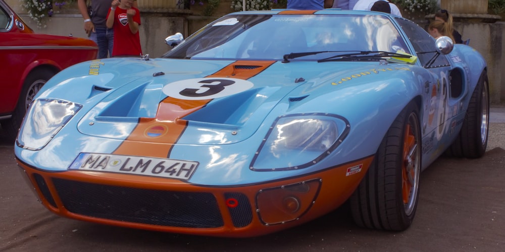 a blue and yellow sports car