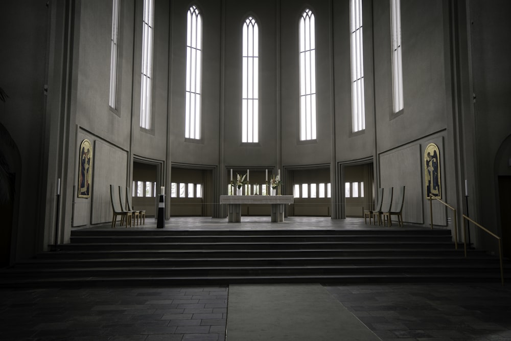 a large room with a large staircase