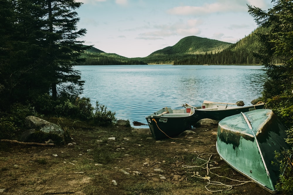 boats on the shore of a lake