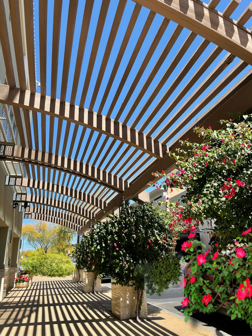 a covered patio with potted plants