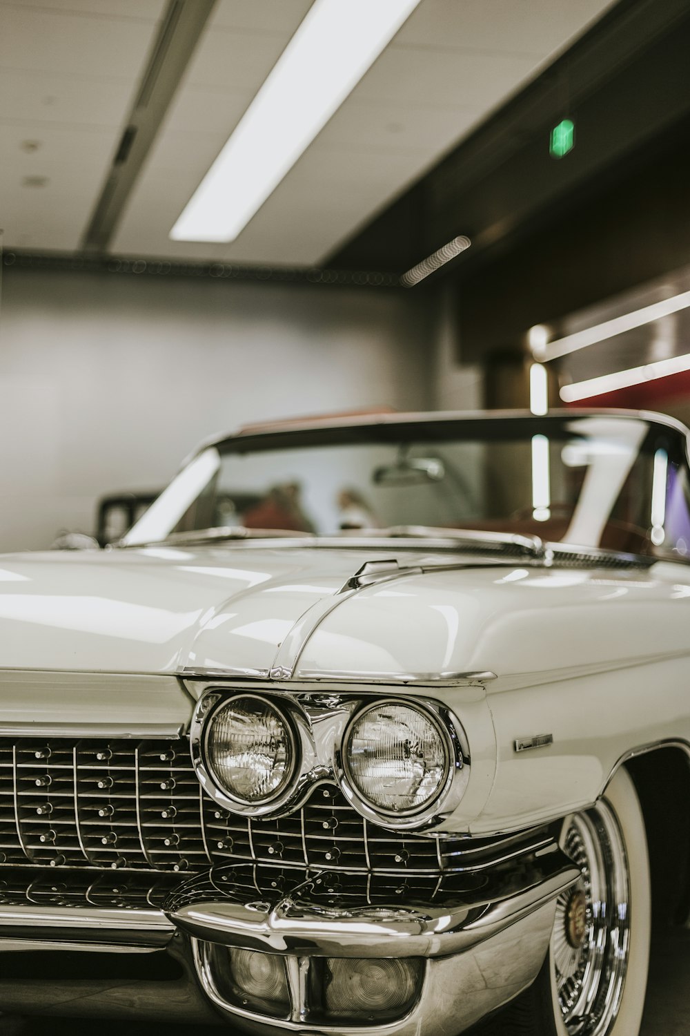 a white car in a garage