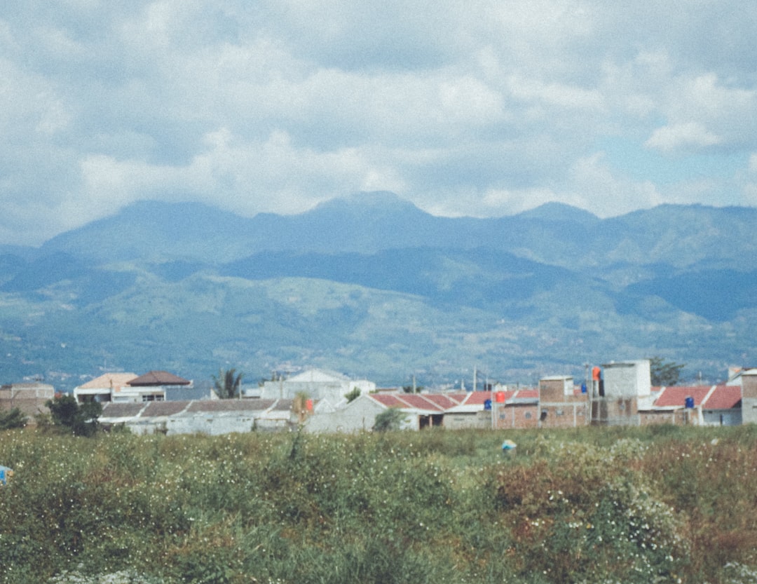 a group of buildings in a field,