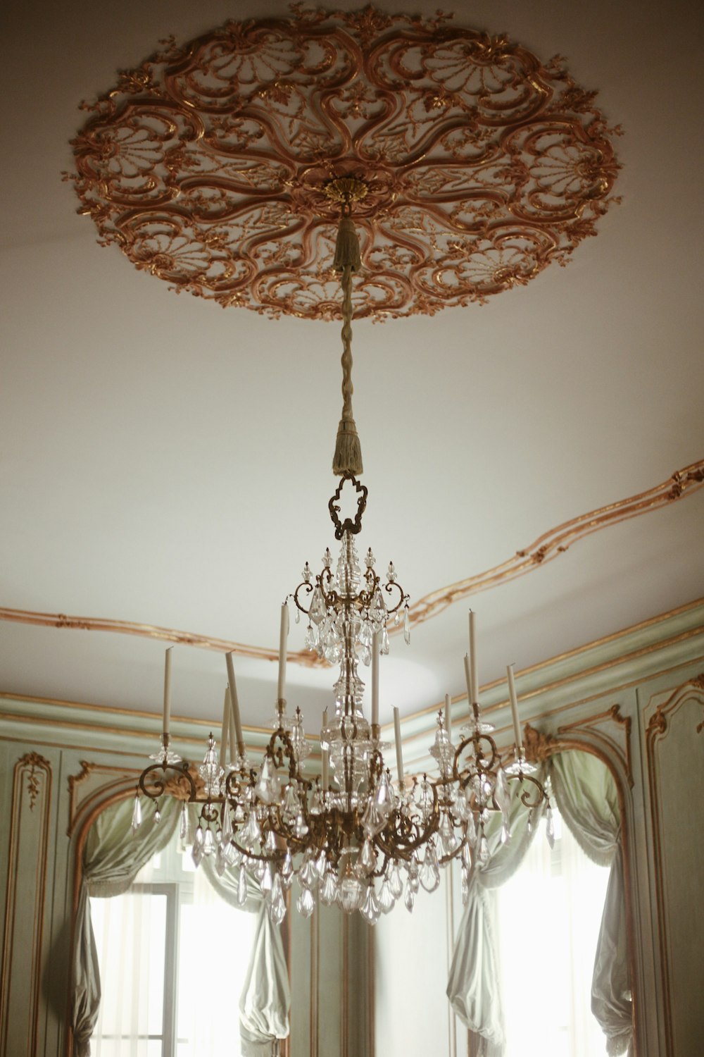 a chandelier from a ceiling