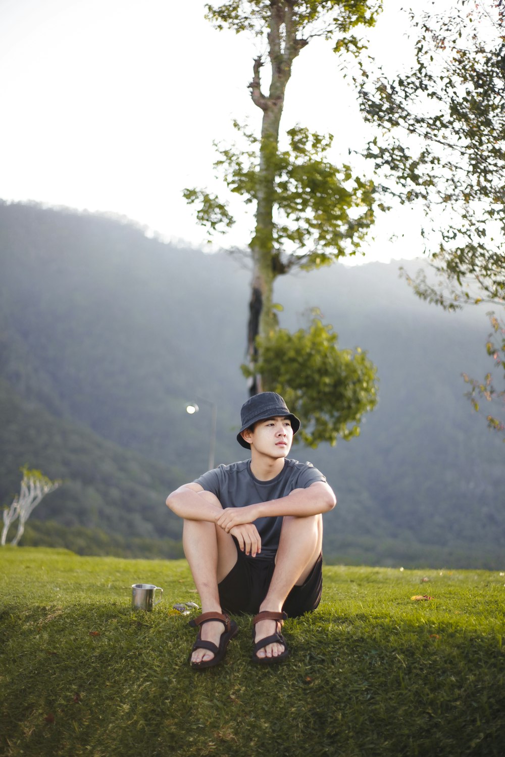 a person sitting on grass with trees and mountains in the background