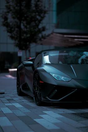 A sleek black sports car gleaming under soft silver lighting, parked in a minimalist urban setting at dusk.