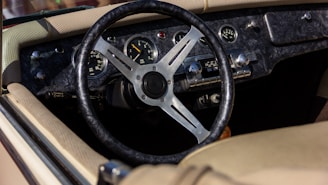 Close-up of a taxi meter and steering wheel, highlighting attention to detail.