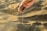 A hand is delicately allowing black sand to flow through the fingers, creating a stream of sand against a backdrop of a beach landscape. The sand appears fine and dark, with a warm light casting subtle highlights and shadows across the scene.