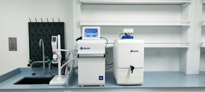 a white machine with a blue screen