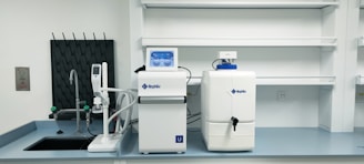 a white machine with a blue screen
