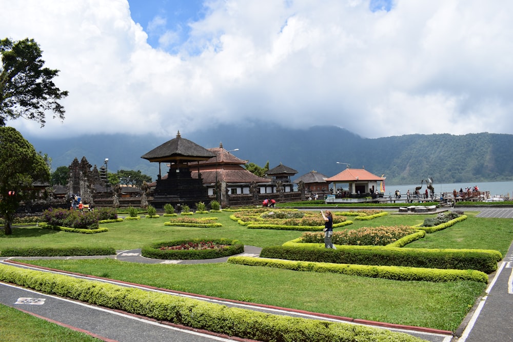 a garden with a building in the background