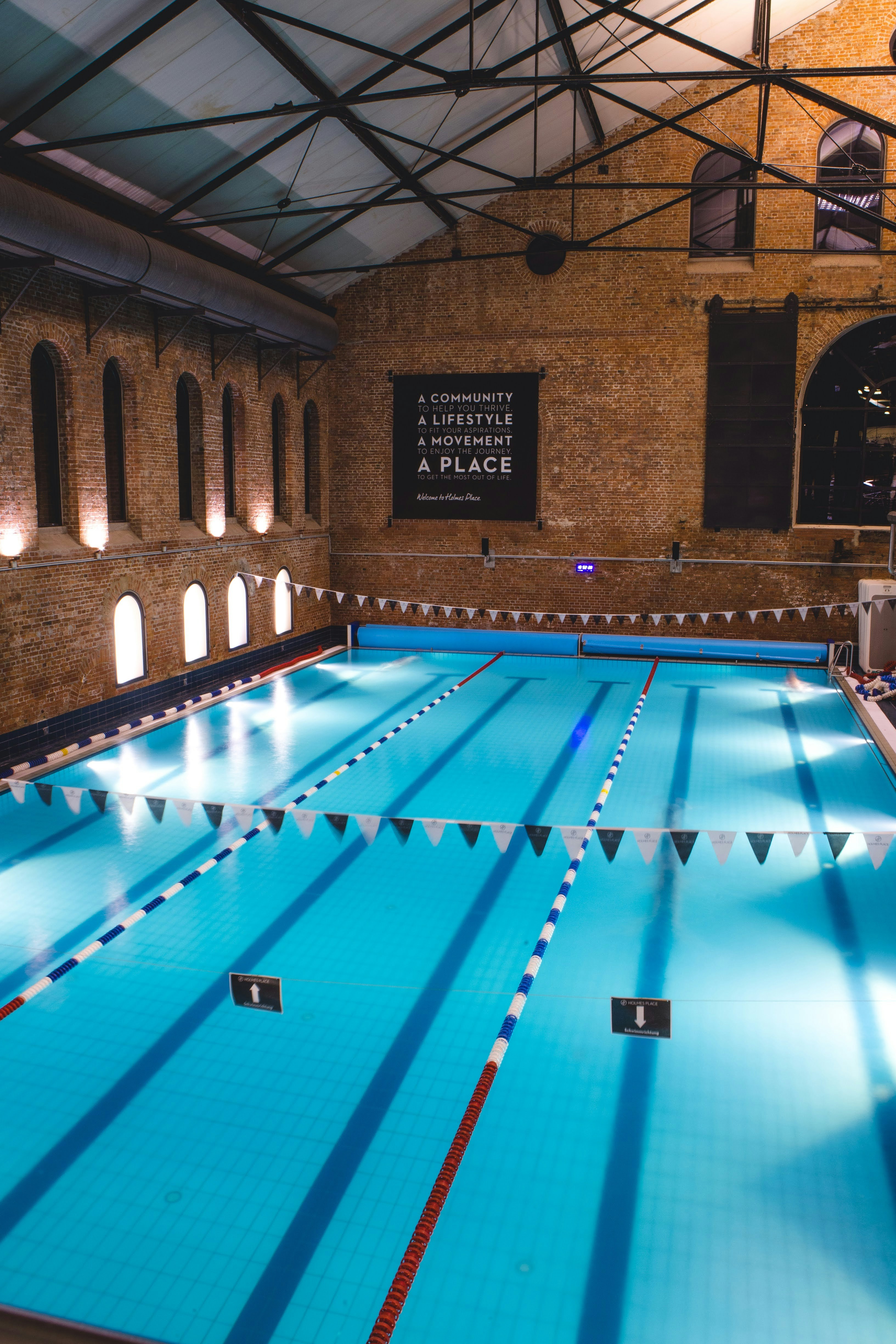 a swimming pool in a large building