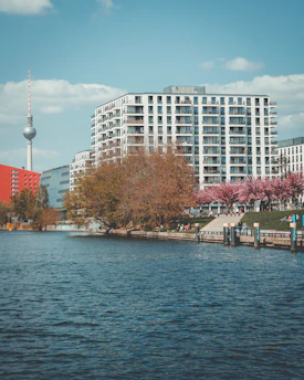 a body of water with buildings along it