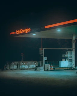 a gas station at night