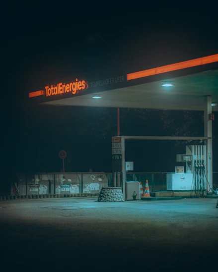 a gas station at night