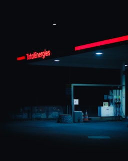 a gas station at night