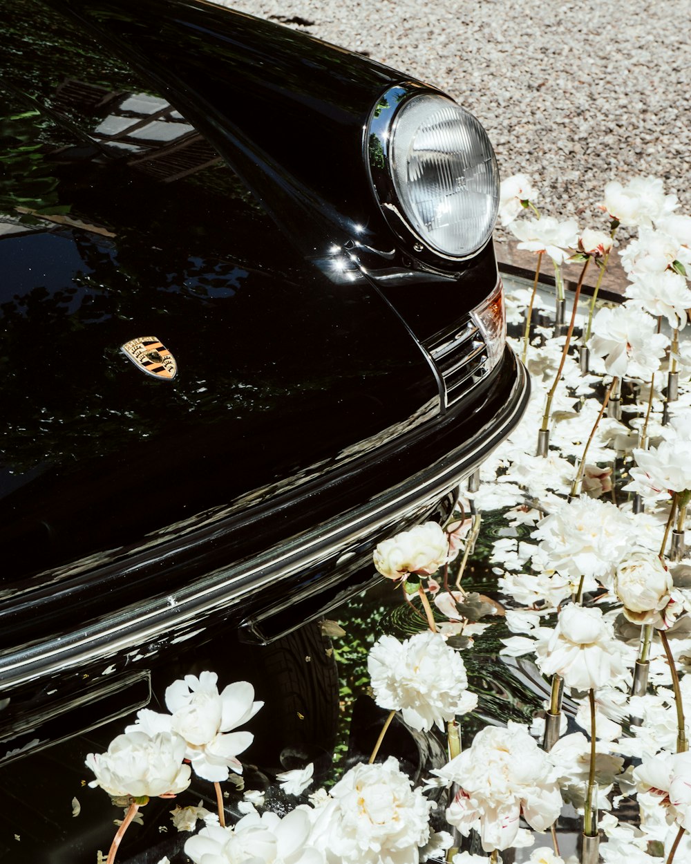 a black car parked in a lot of white flowers