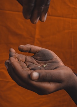 Hands are seen in focus, with one appearing to sprinkle something like grains or powder into an open palm. The background is a solid burnt orange color.