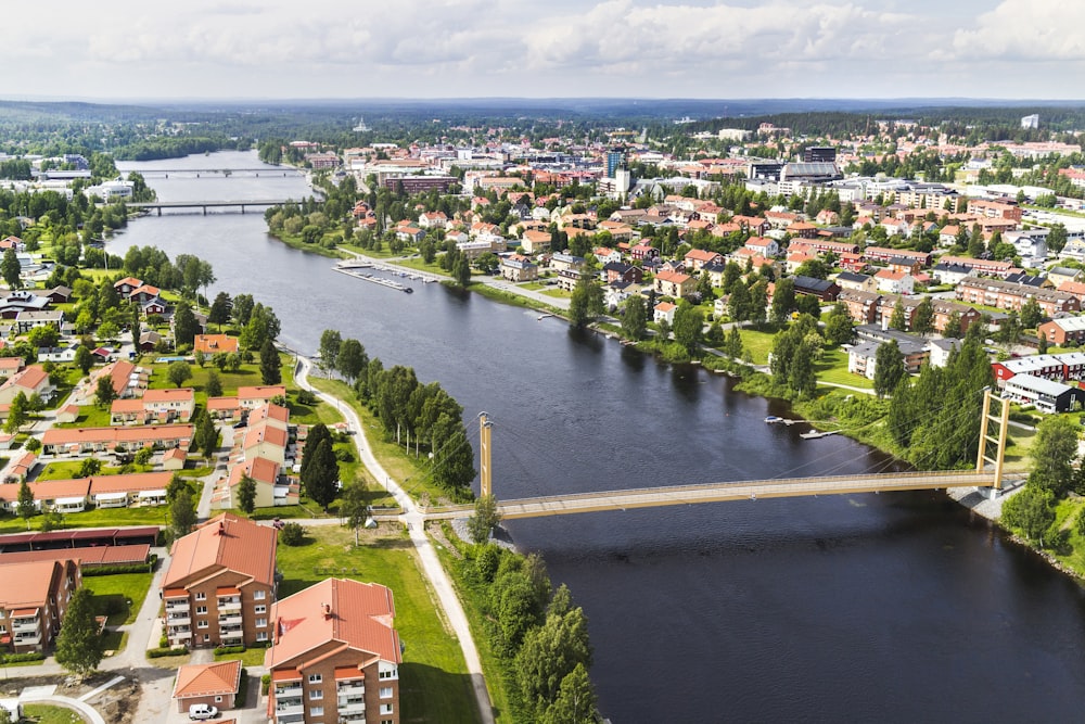 a river with a bridge and buildings