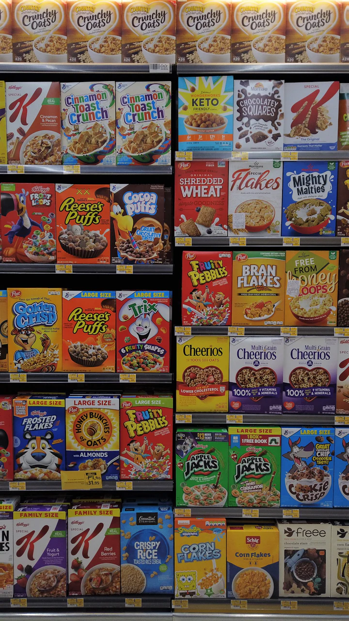 A supermarket shelf full of cereal boxes