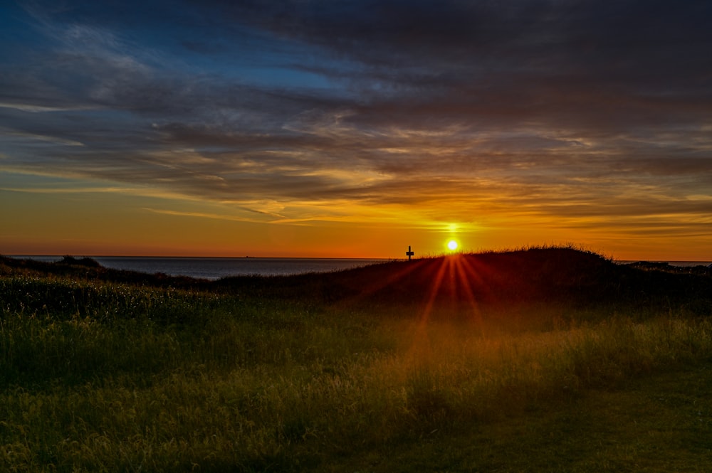 a person walking on a path in a field with the sun setting