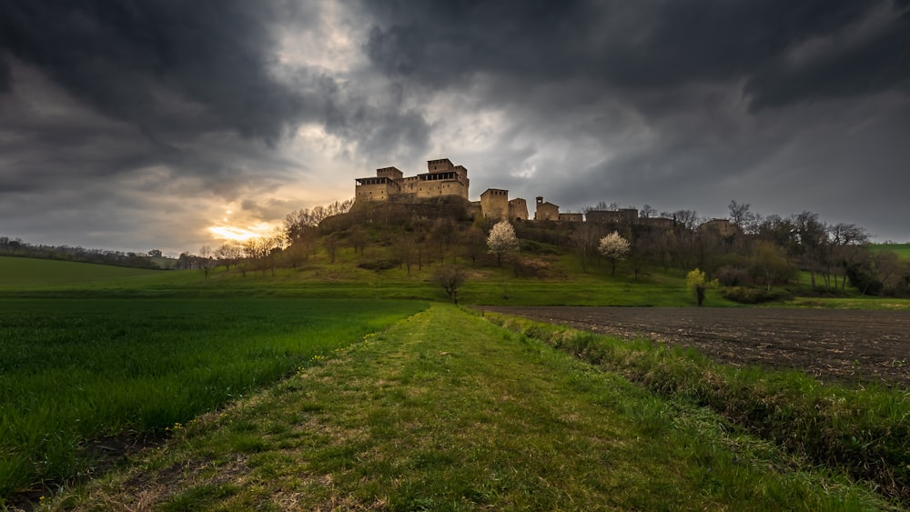 a large green field with a castle on top of it