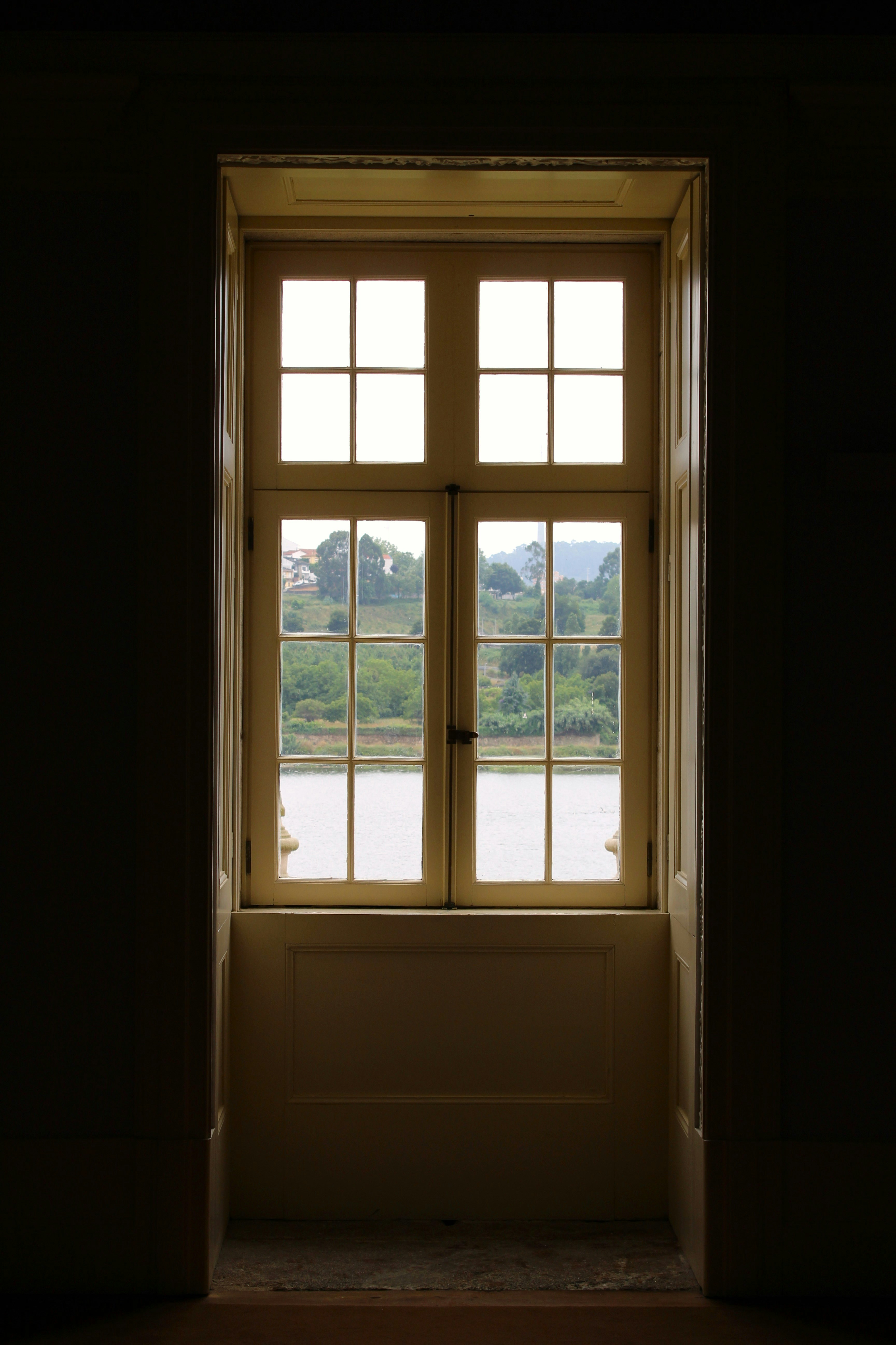 uma janela com vista para as árvores do lado de fora