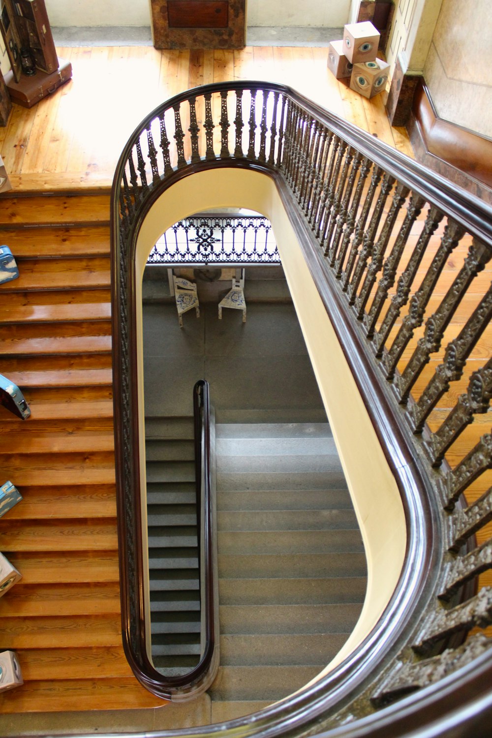 a staircase with a railing