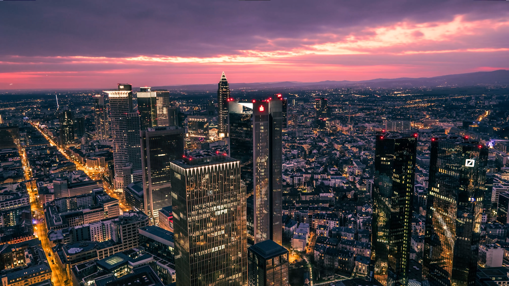 a view of a city at sunset