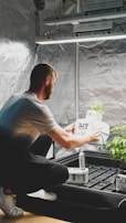 A person is tending to plants in an indoor grow setup, handling a package labeled 'Pure'. The setup includes grow lights and a reflective tent, creating a controlled environment for plant growth.