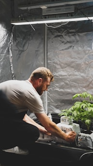 A person is kneeling in a grow room, tending to plants next to bags labeled 'pure'. The setting includes reflective walls and overhead grow lights, suggesting an indoor gardening or cultivation setup.