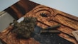 A wooden tray with a carved cannabis leaf design holds cannabis buds and two rolled blunts. The tray is engraved with the name 'GrowHub'. A small part of a brown paper bag is visible on the side.