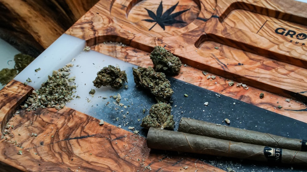 a group of small green plants on a wooden surface