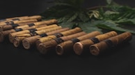 A row of neatly arranged cigars wrapped in brown leaves, each secured with a dark band. In the background, there is a spread of green leaves adding a natural and earthy aesthetic.